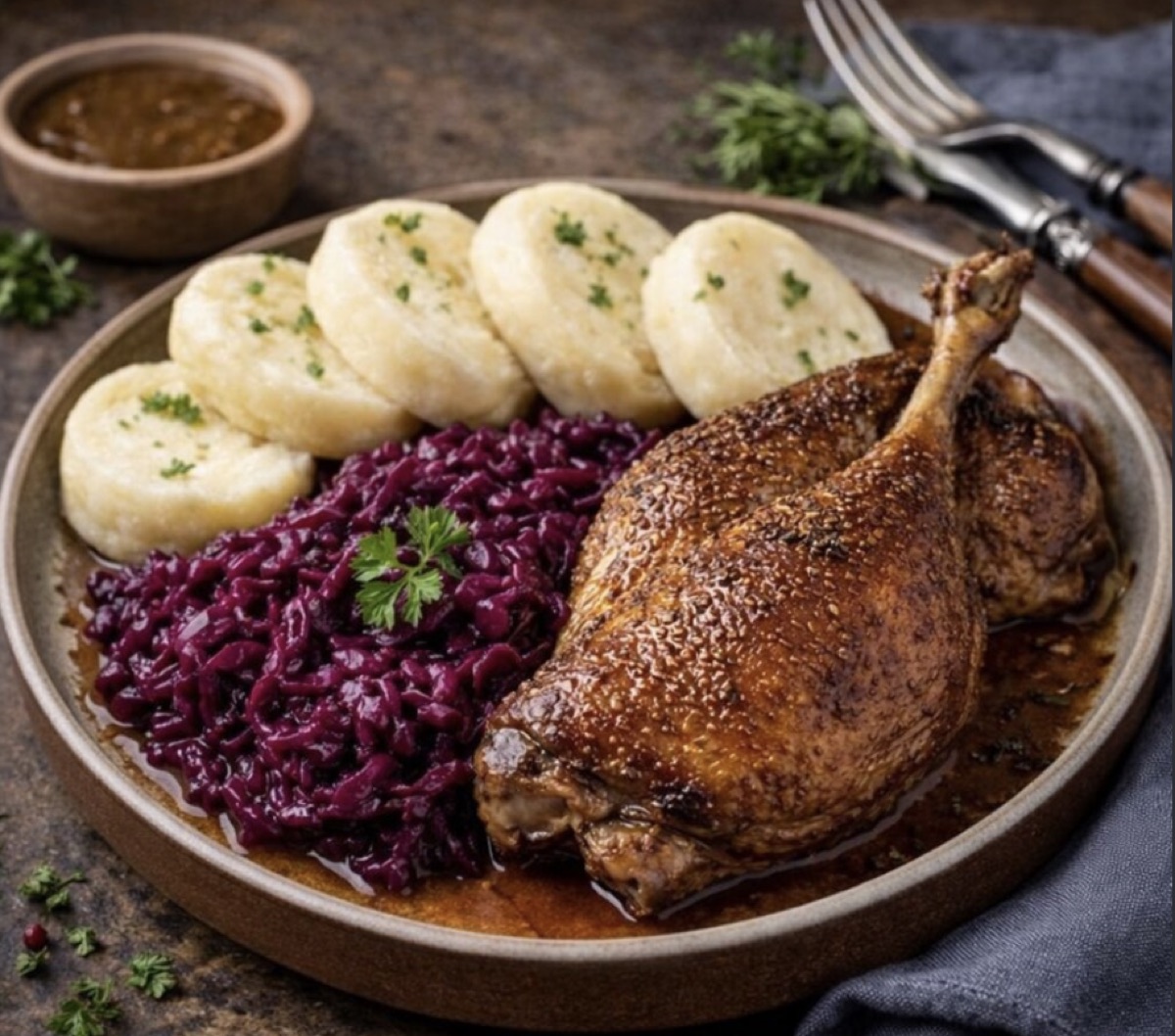 Roast duck leg with bread dumplings and red cabbage, a traditional Czech dish