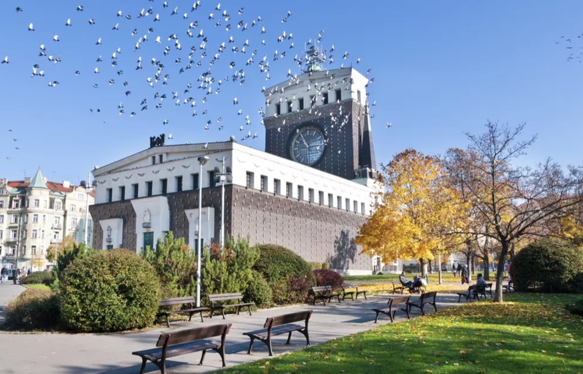 A park and clock tower in Vinohrady on an autumn day, Prague